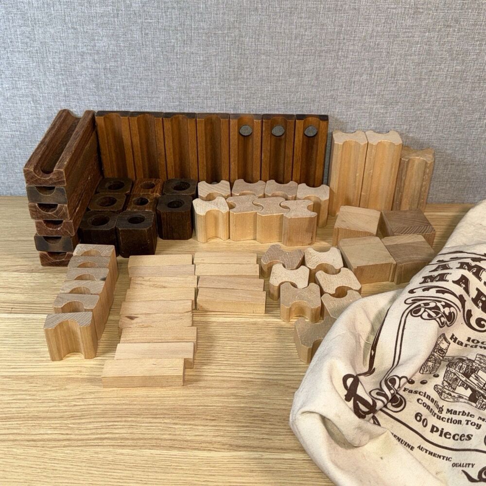 Vintage Amaze-N-Marbles Wooden Marble Maze Run 100% Hardwood 62 Piece Set & Bag